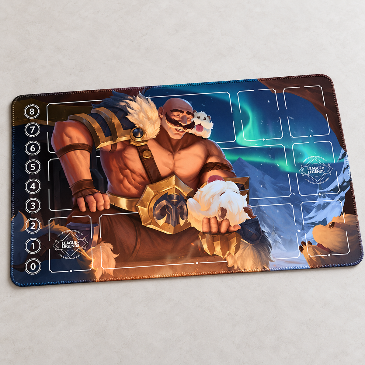 Braum and Poros Riftbound playmat angled view with artwork-matched stitched edges