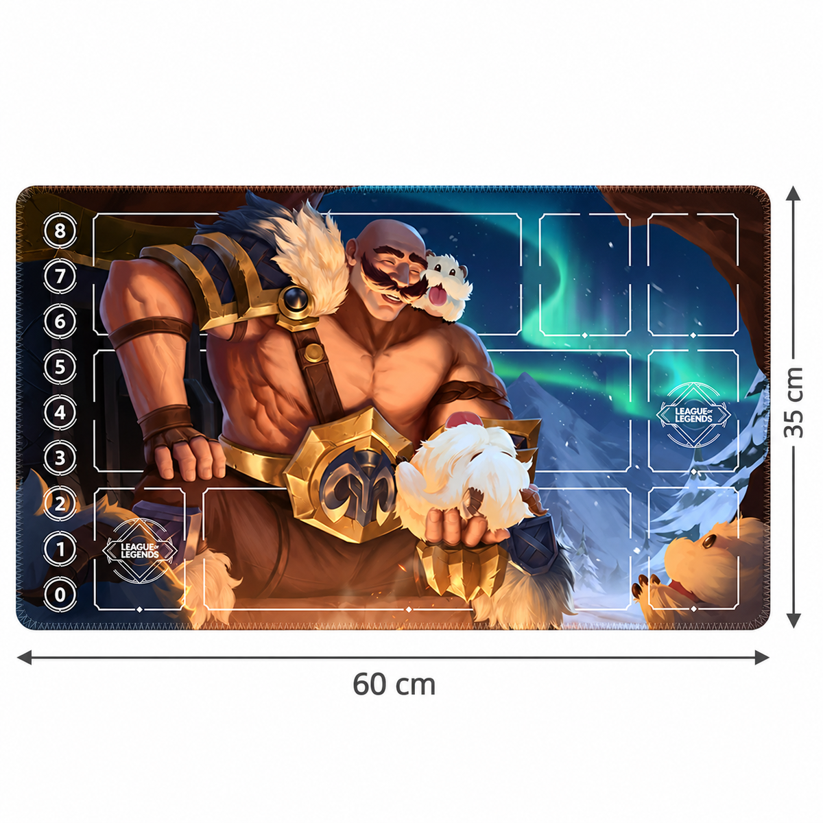 Braum and Poros Riftbound playmat dimensions with artwork-matched stitched edges