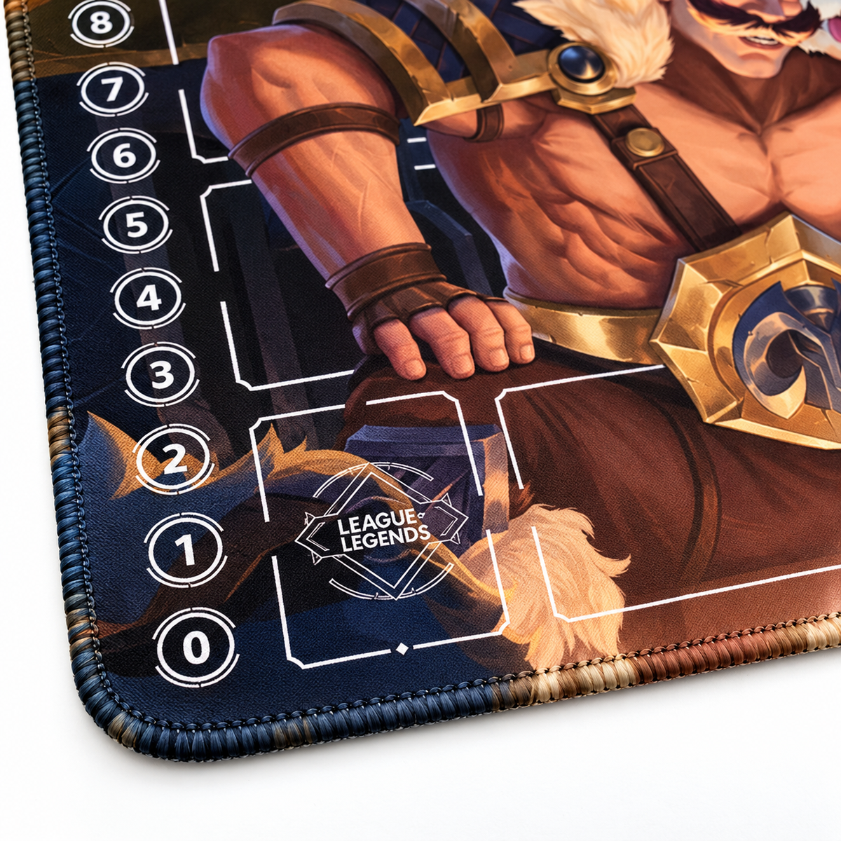 Braum and Poros Riftbound playmat edge detail with artwork-matched stitched edges