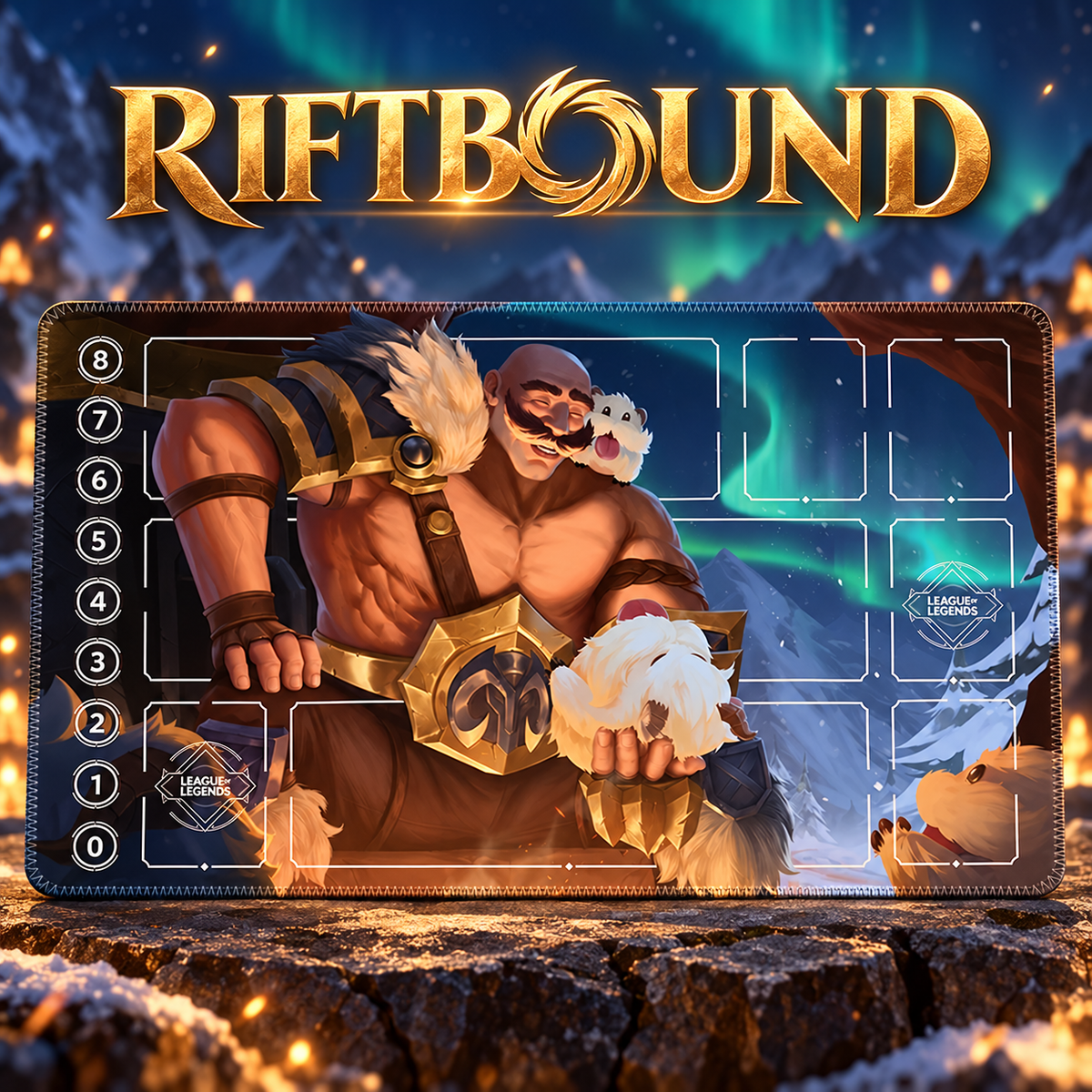 Braum and Poros Riftbound playmat hero with artwork-matched stitched edges