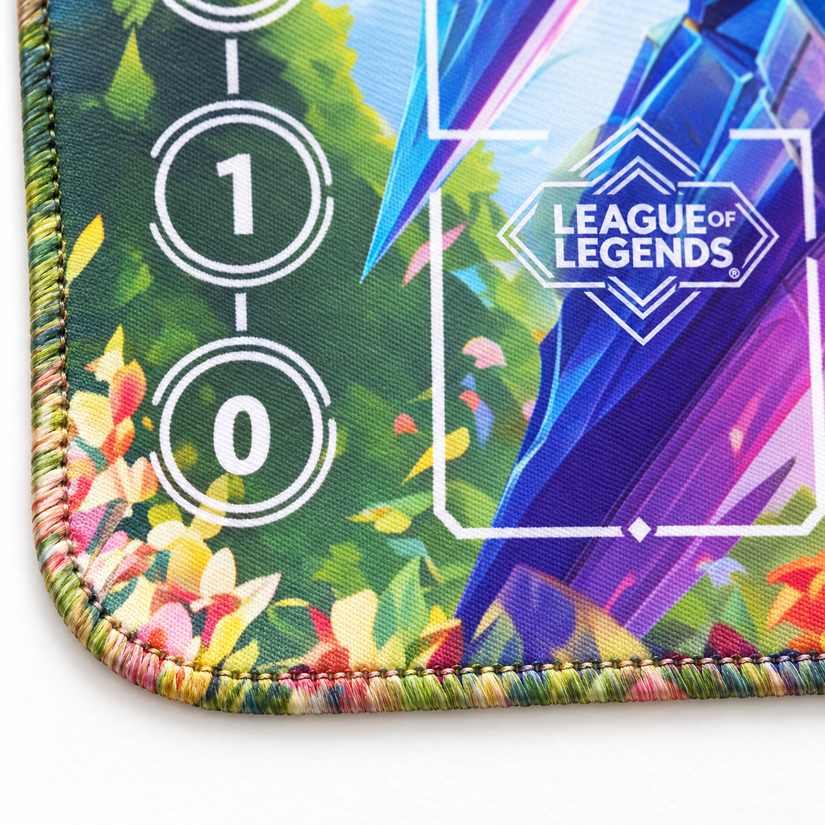 Briar Riftbound playmat edge detail with artwork-matched stitched edges