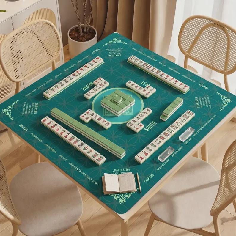 Mahjong Mat with Instructions and Charleston Rules | Elegant Green Board Game Table Protector | Nonslip Mahjong Playmat Gift for Players