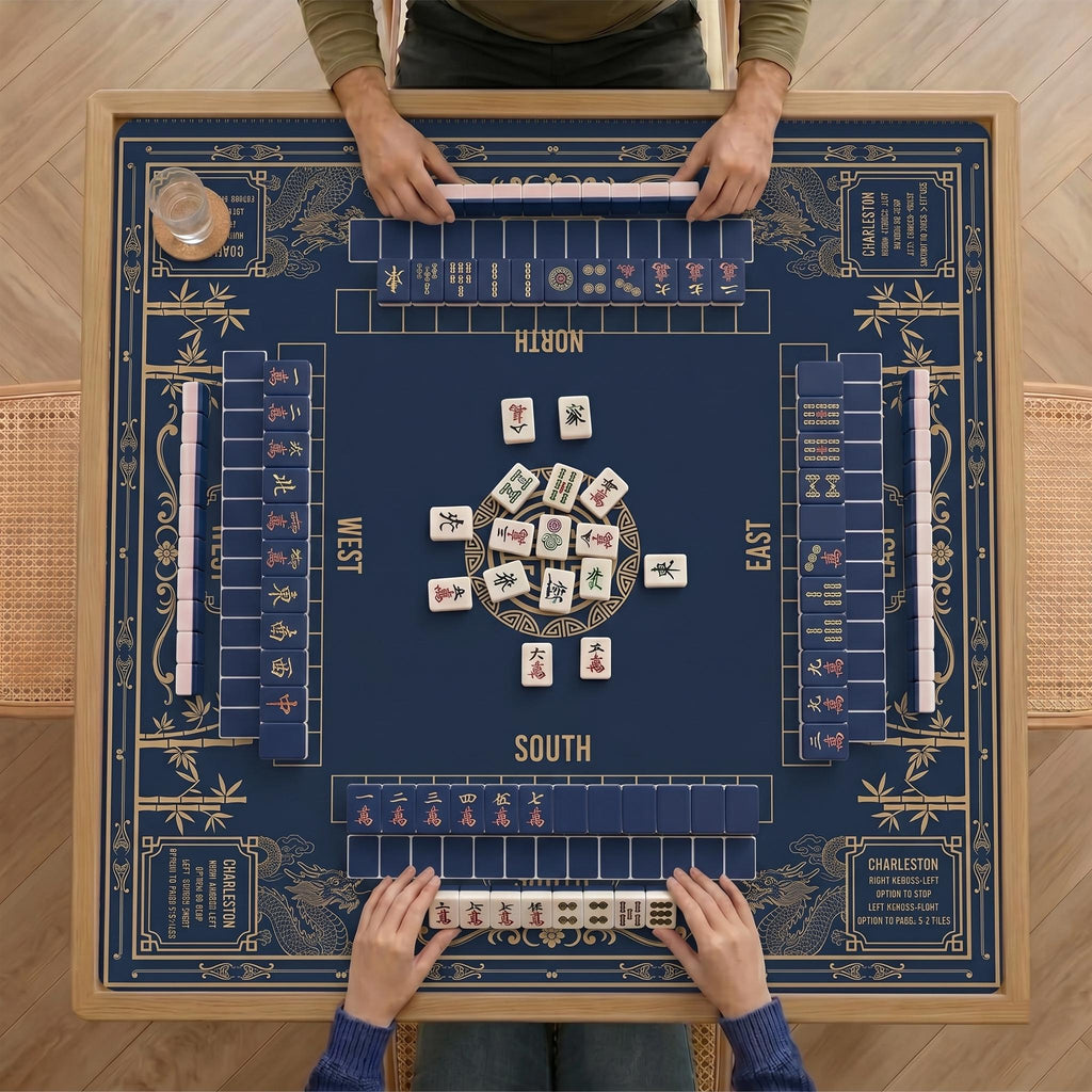 Luxury Dragon & Bamboo Mahjong Playmat | Navy and Gold Professional Table Protector | Unique Mahjong Gift with Charleston Rules Reference