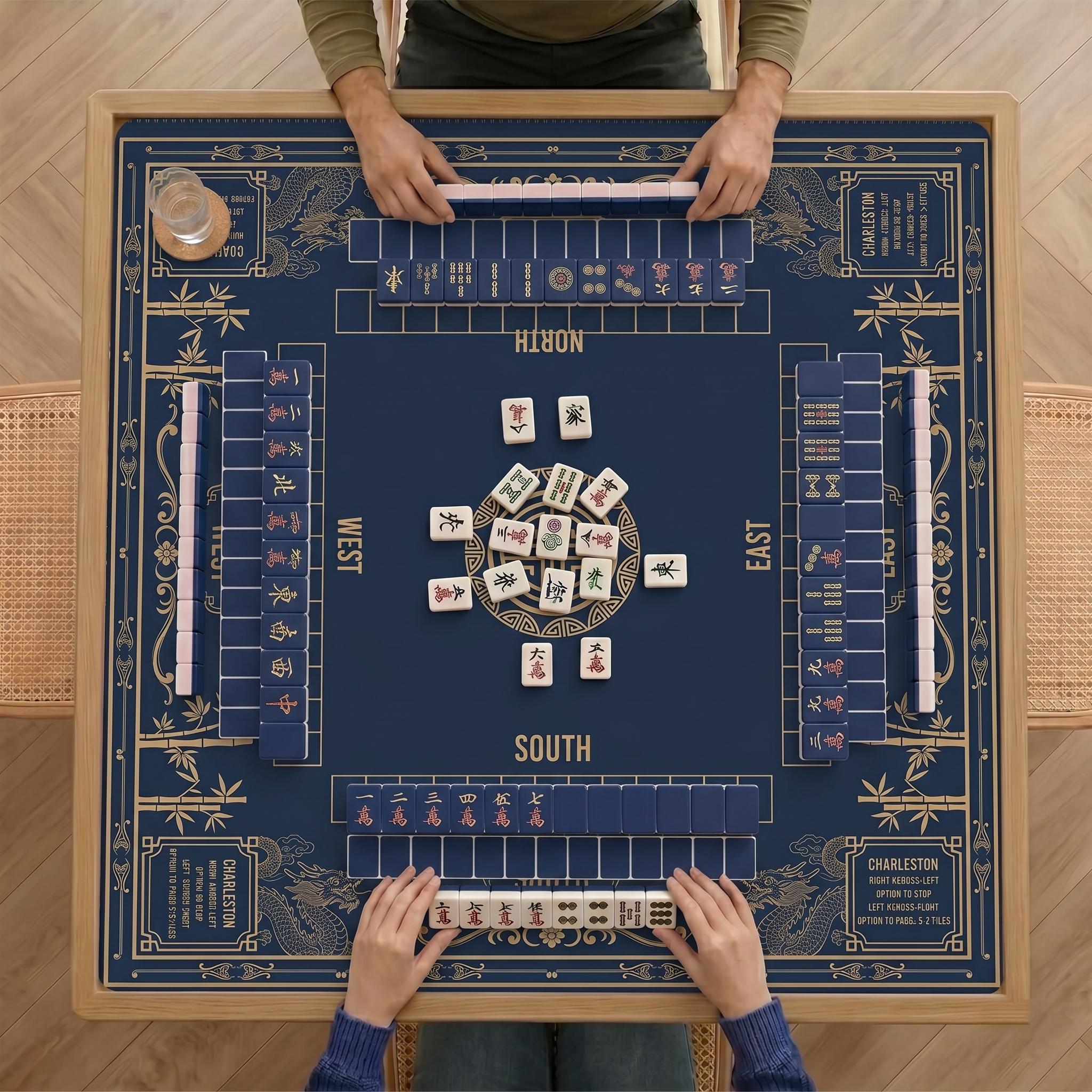 Luxury Dragon & Bamboo Mahjong Playmat | Navy and Gold Professional Table Protector | Unique Mahjong Gift with Charleston Rules Reference