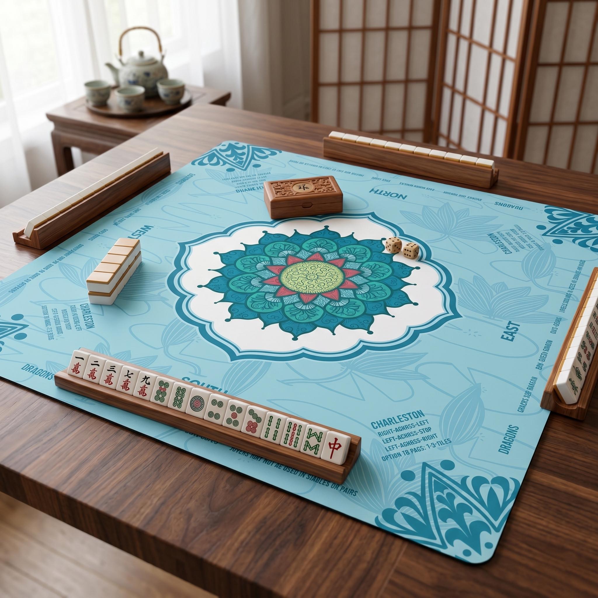 Lotus Flower Mahjong Mat with Instructions | NMJL Play Mat with Charleston Rules | Mahjong Accessories Playmat