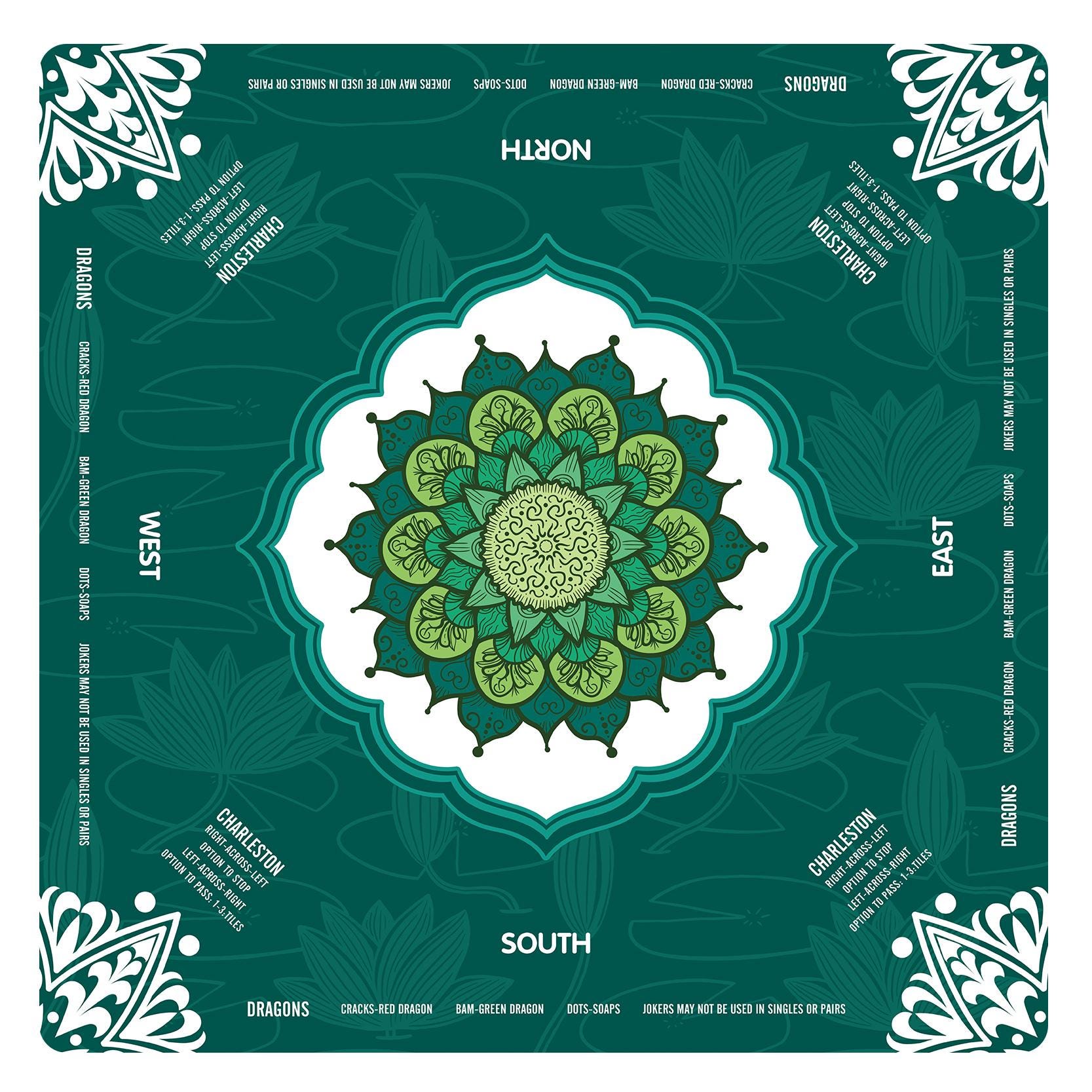 Lotus Flower Mandala Mahjong Mat with Instructions, NMJL Play Mat with Charleston Rules, Mahjong Accessories