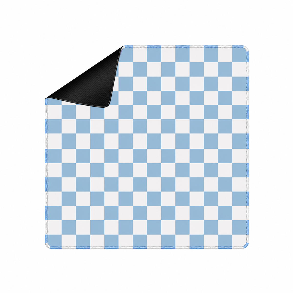 Checker blue mahjong mat with white checks, square shape and locally artwork-colored stitching