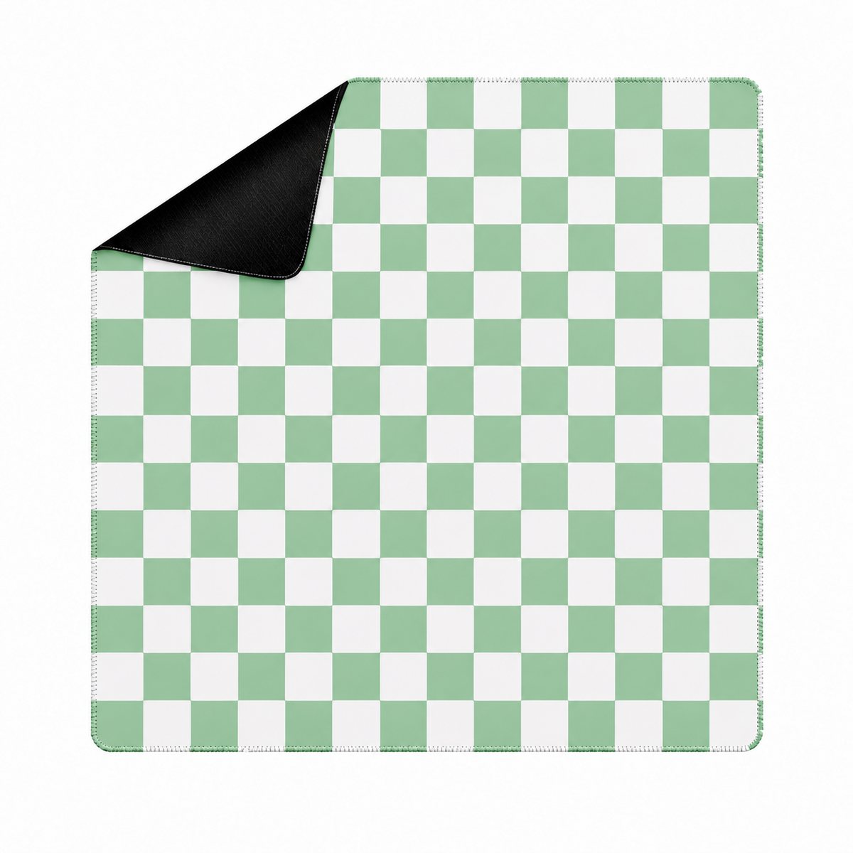 Checker green mahjong mat with white checks, square shape and artwork-colored stitched edges
