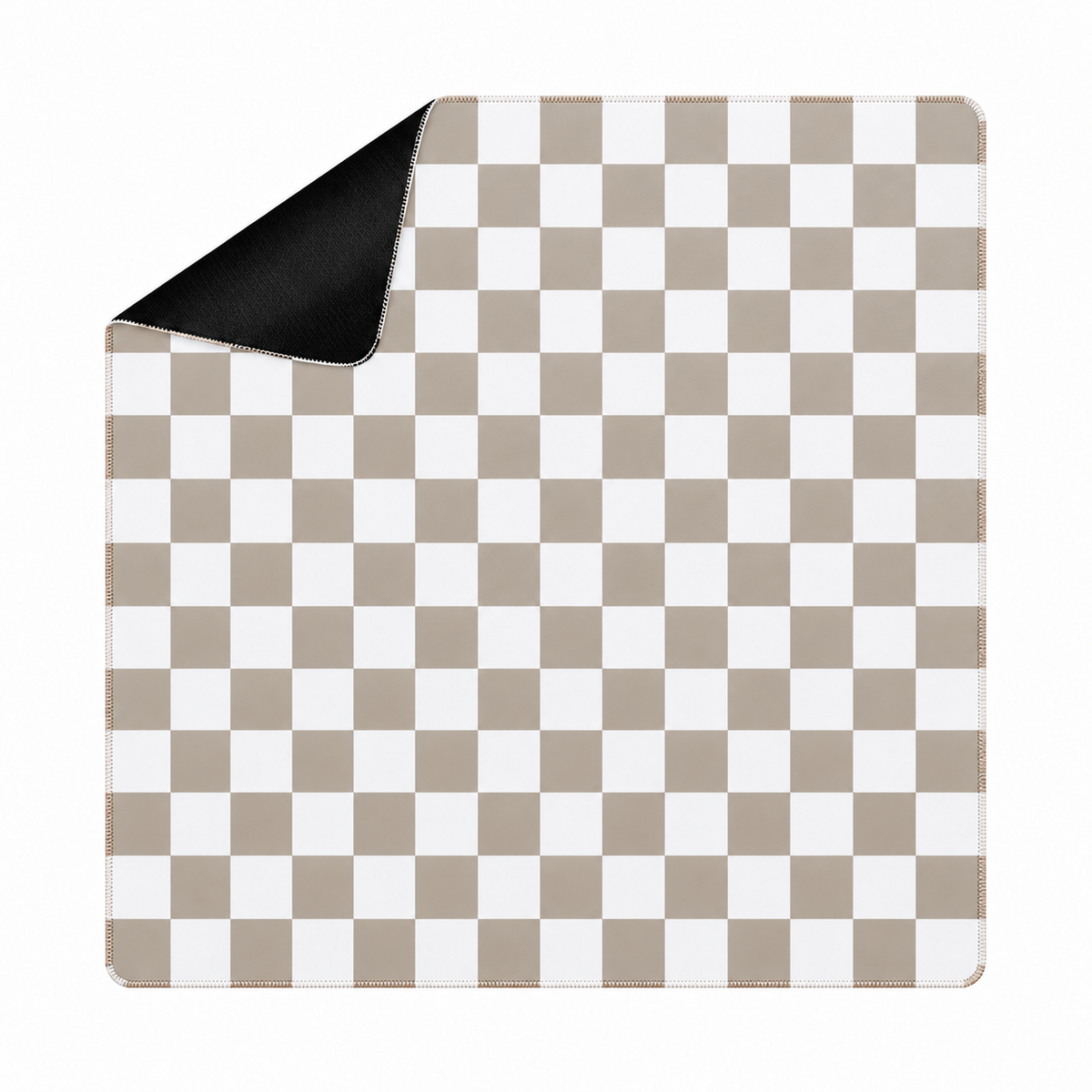 Checker mocha mahjong mat with white checks, square shape and artwork-colored stitched edges