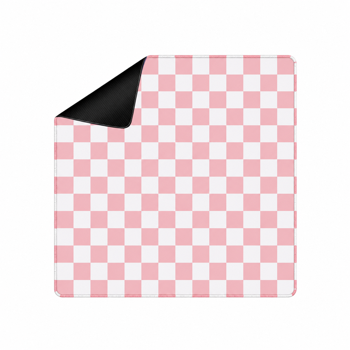 Checker pink mahjong mat with white checks, square shape and locally artwork-colored stitching