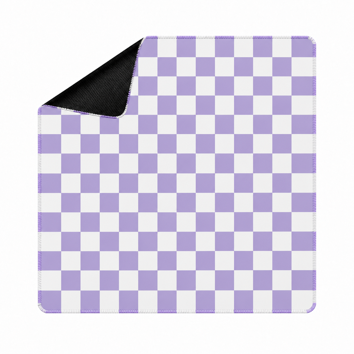 Checker purple mahjong mat with white checks, square shape and artwork-colored stitched edges