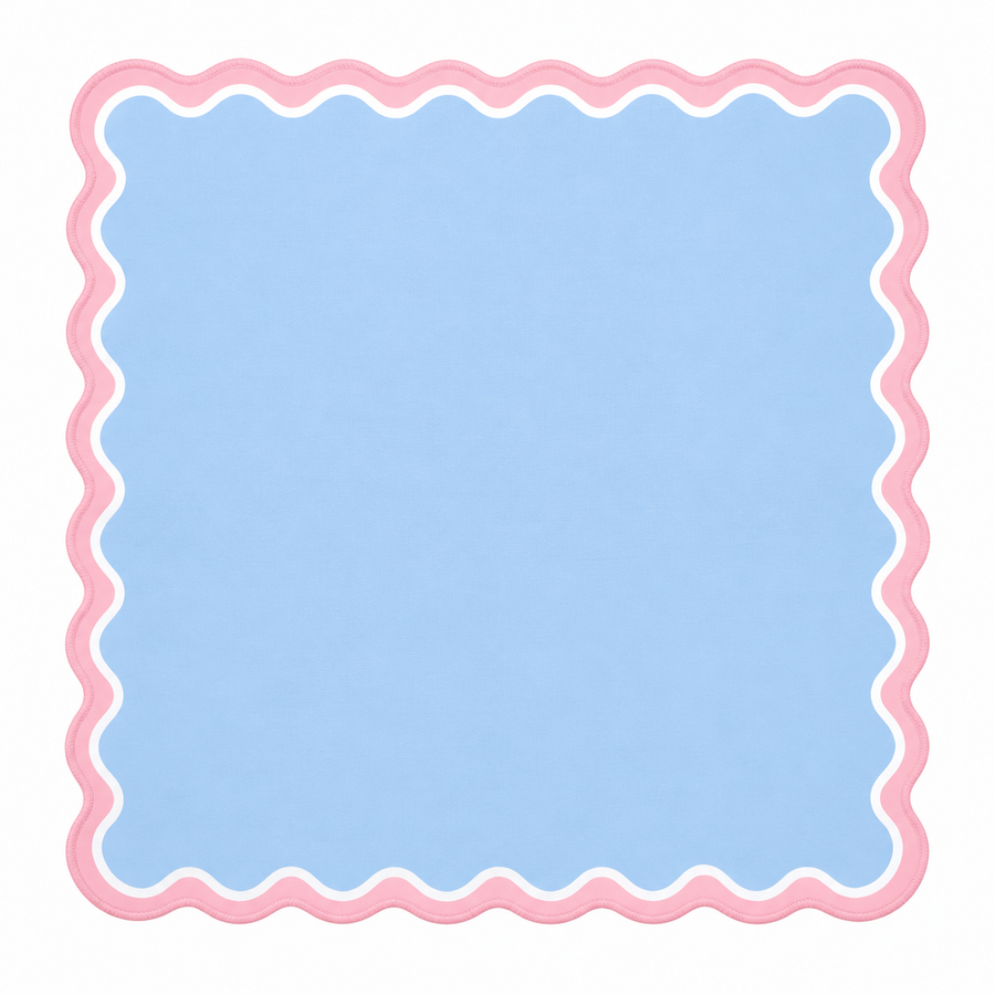 Cotton Candy Scallop mahjong mat with pastel blue center and pink border