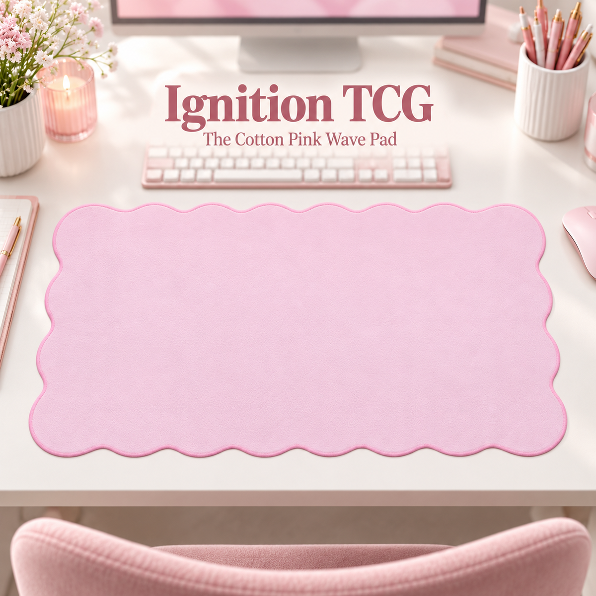 The Cotton Pink Wave Pad scalloped desk mat — styled desk hero; accessories are props