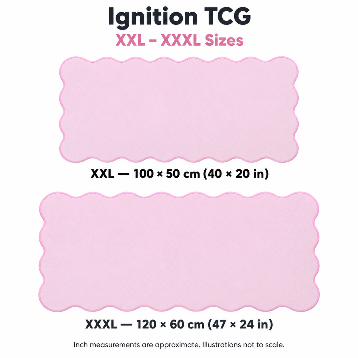 The Cotton Pink Wave Pad scalloped desk mat — XXL and XXXL sizes, exact centimeters and approximate inches; illustrations not to scale