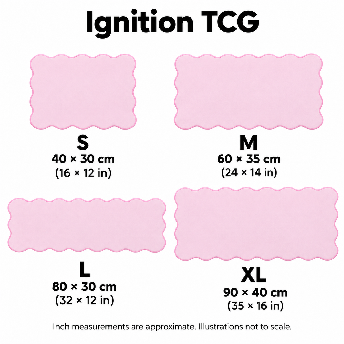 The Cotton Pink Wave Pad scalloped desk mat — S to XL sizes, exact centimeters and approximate inches; illustrations not to scale
