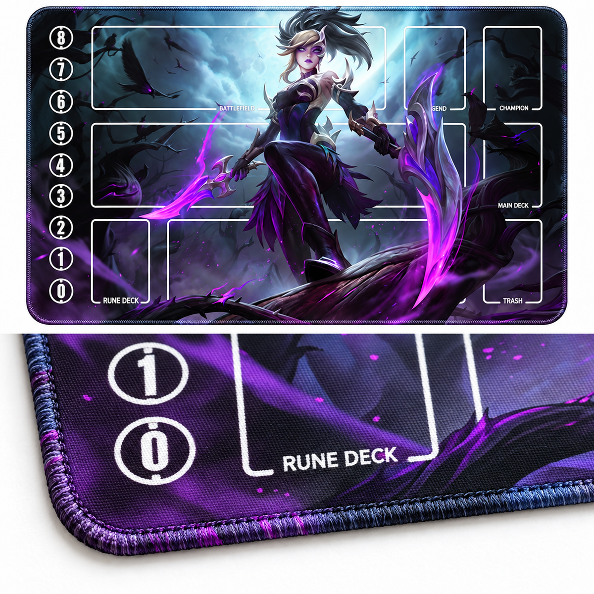 Coven Akali Riftbound TCG playmat corner showing artwork-colored stitched threads