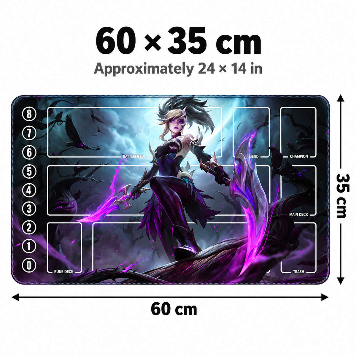Coven Akali Riftbound TCG playmat dimensions: 60 × 35 cm, approximately 24 × 14 inches