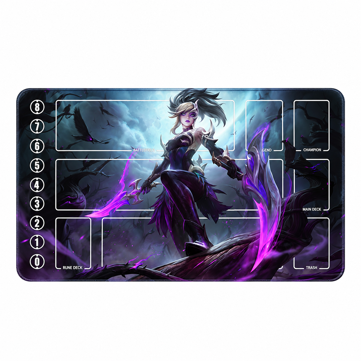 Coven Akali Riftbound TCG playmat full view with supplied guides and descending track