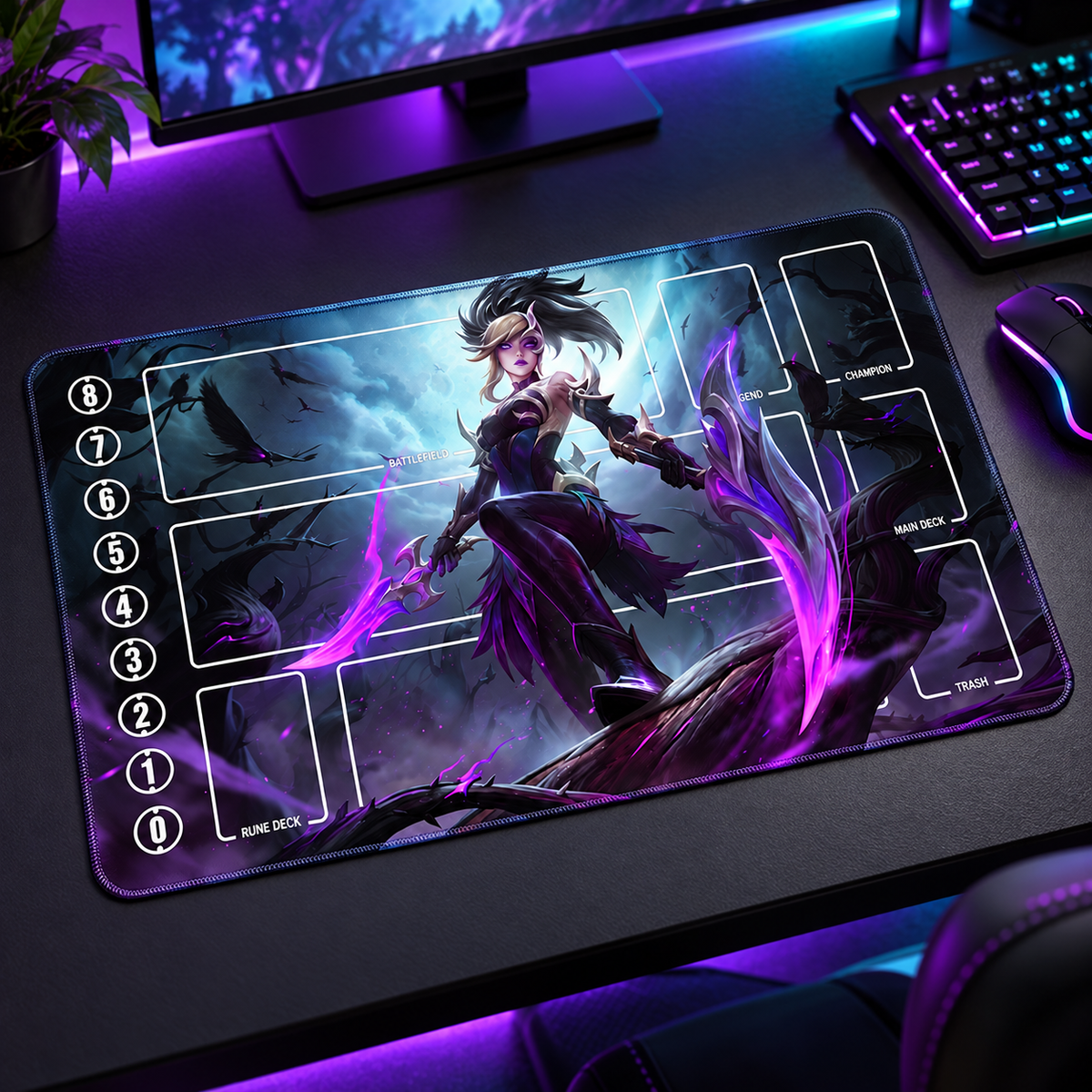 Coven Akali Riftbound TCG playmat on a dark gamer desk with violet ambient lighting