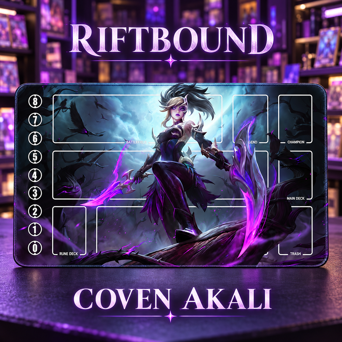 Coven Akali Riftbound TCG playmat in a card-store setting