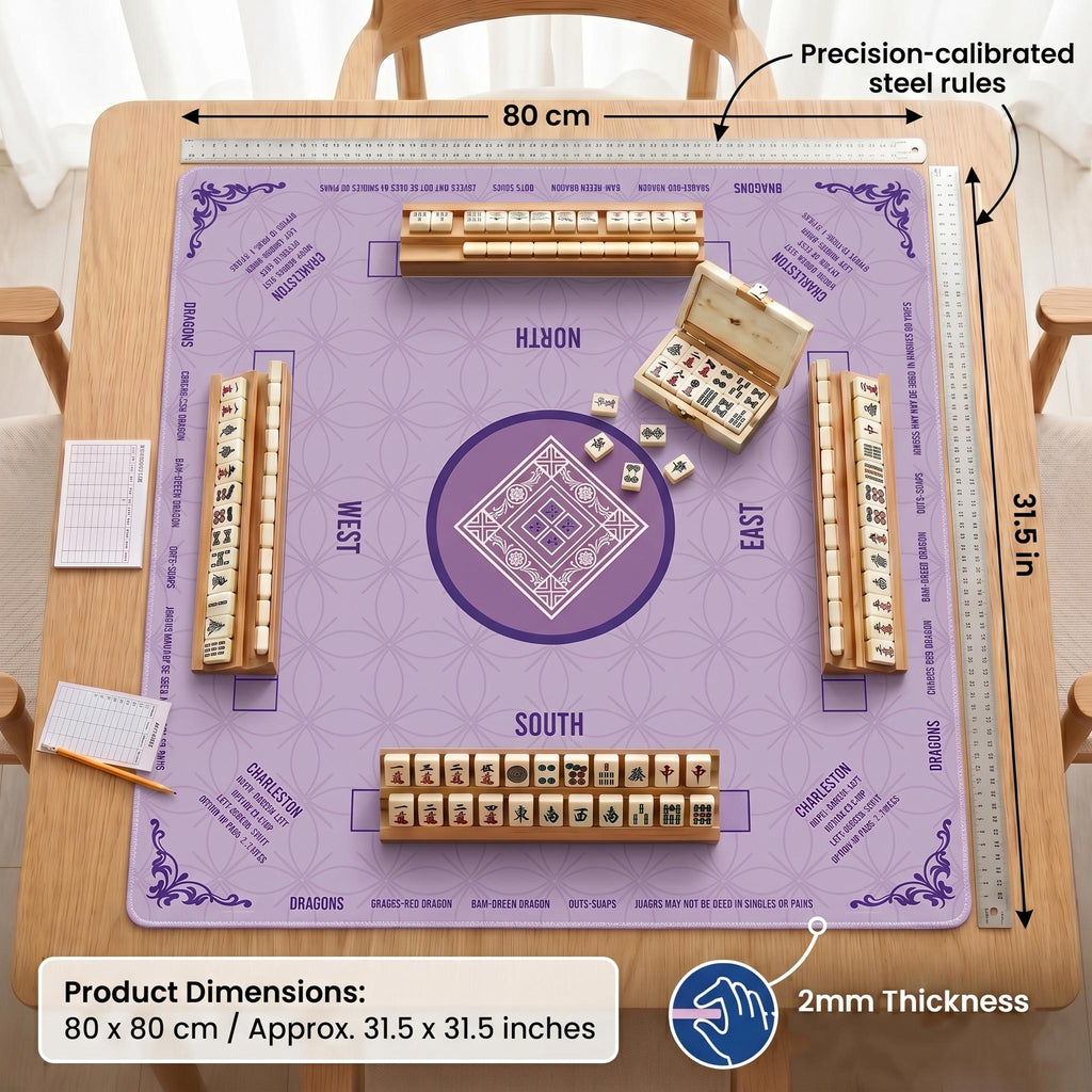 Purple Mahjong Mat with Instructions, Classic Lavender Board Game Table Mat with Charleston Rules, Non-Slip Noise Reduction Playing Surface