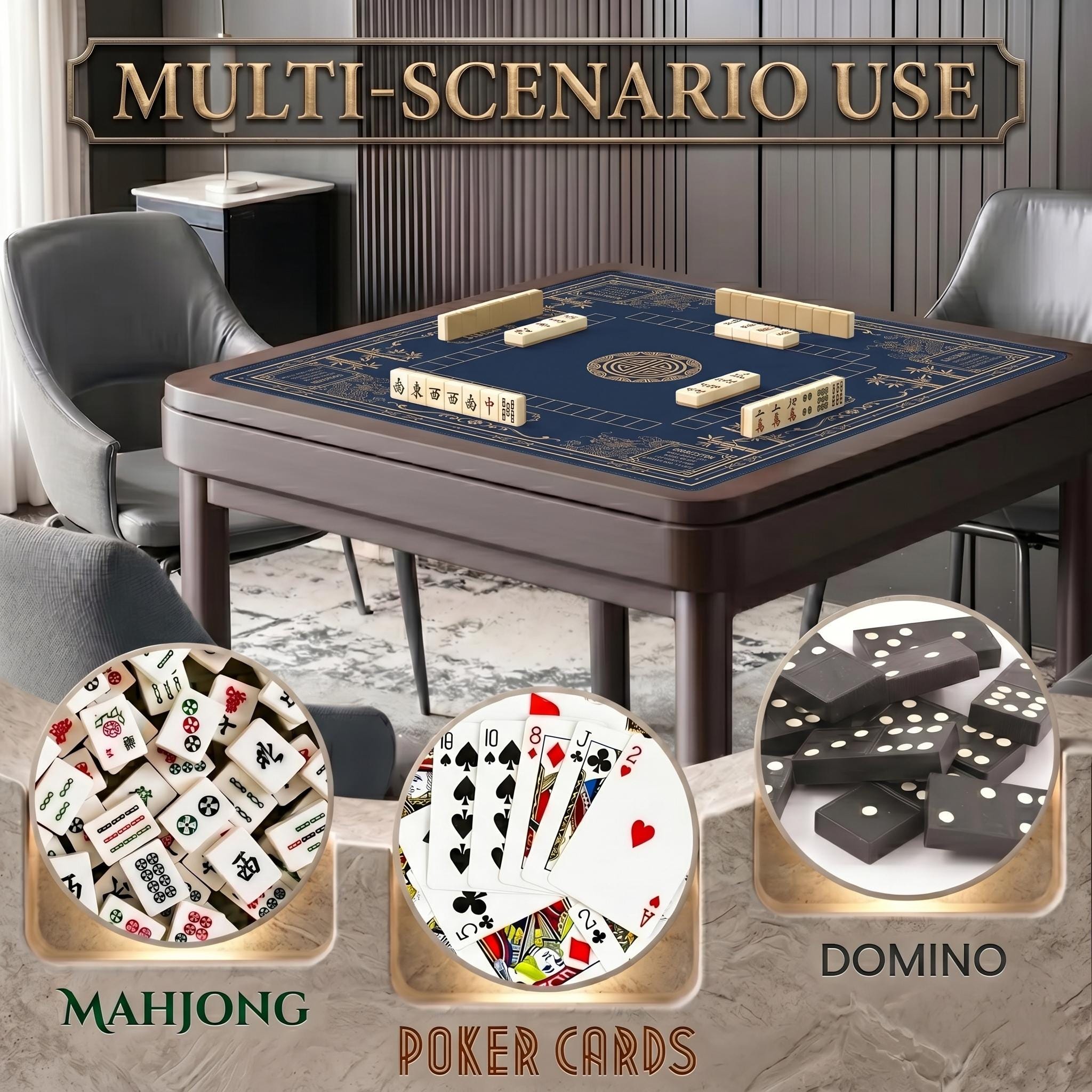 Luxury Dragon & Bamboo Mahjong Playmat | Navy and Gold Professional Table Protector | Unique Mahjong Gift with Charleston Rules Reference