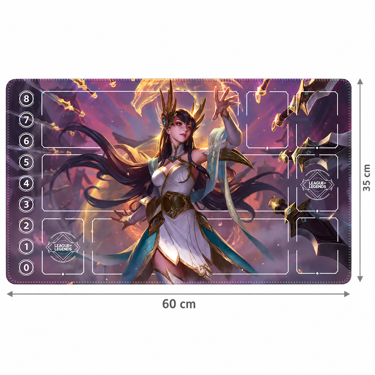 Divine Sword Irelia Riftbound Zone playmat, 60 cm by 35 cm dimensions