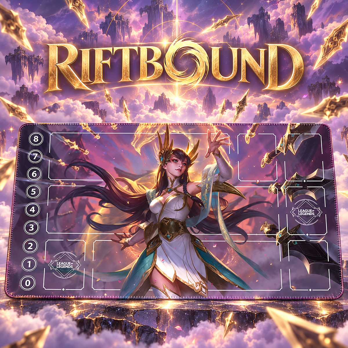 Divine Sword Irelia Riftbound Zone playmat, themed hero with Riftbound heading