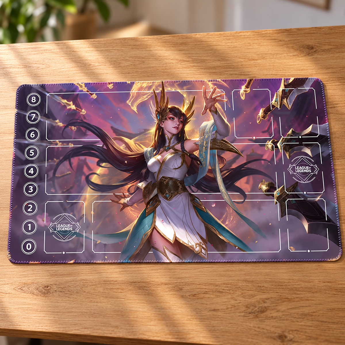 Divine Sword Irelia Riftbound Zone playmat, angled tabletop view