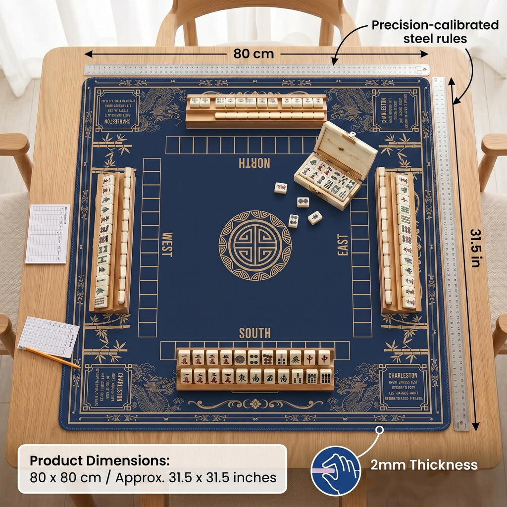 Luxury Dragon & Bamboo Mahjong Playmat | Navy and Gold Professional Table Protector | Unique Mahjong Gift with Charleston Rules Reference