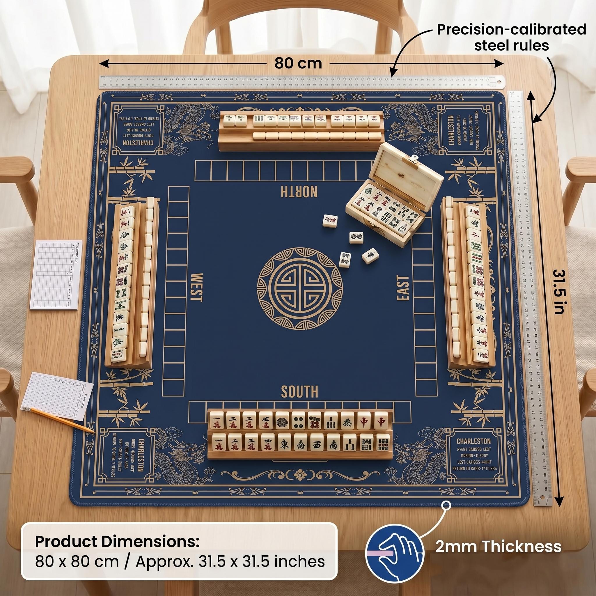 Luxury Dragon & Bamboo Mahjong Playmat | Navy and Gold Professional Table Protector | Unique Mahjong Gift with Charleston Rules Reference