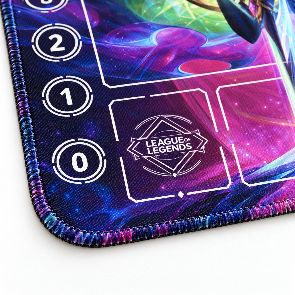 Empyrean Kayle Riftbound TCG playmat — artwork-colored stitched corner