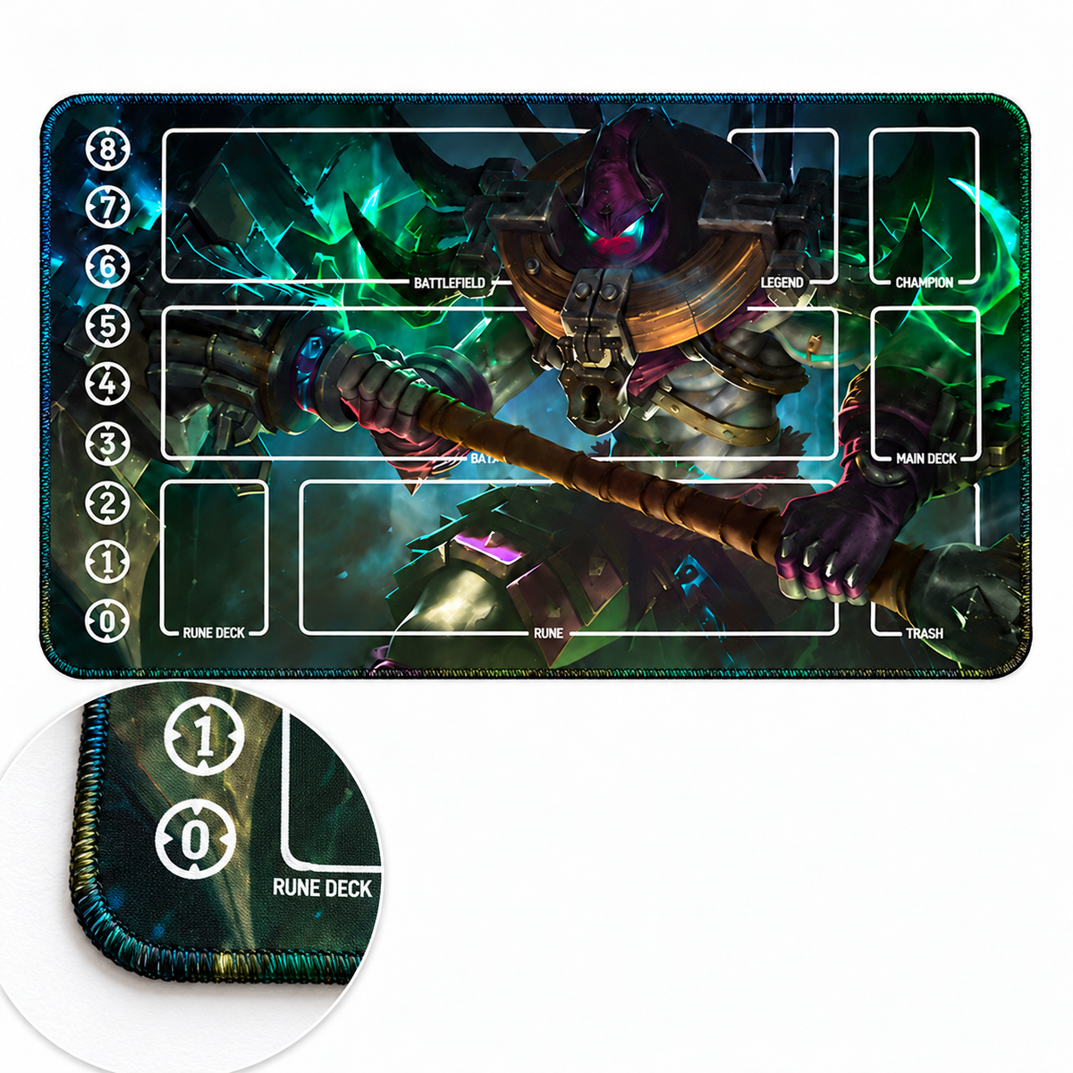 Executioner Jax Riftbound TCG playmat — artwork-colored stitched-edge close-up