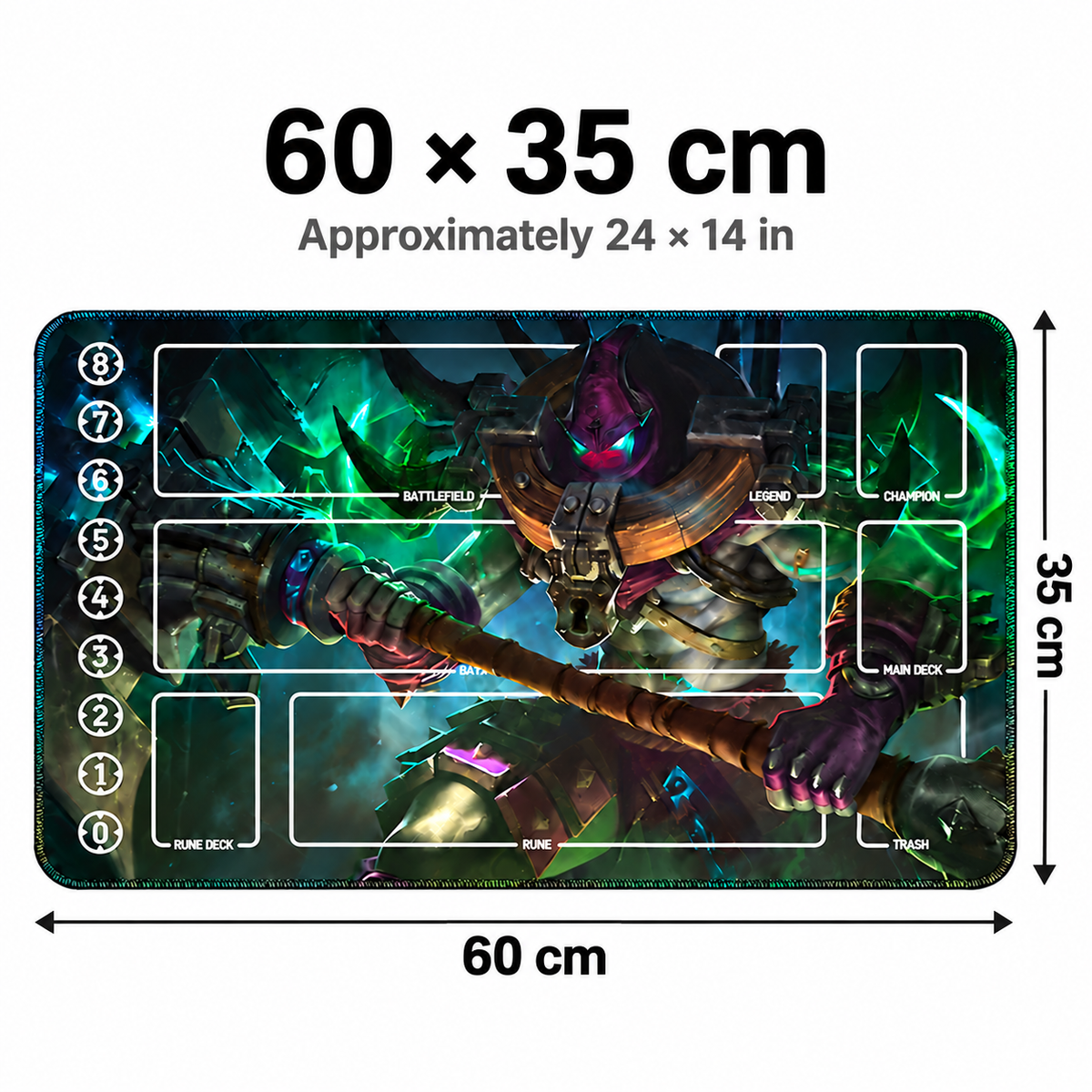 Executioner Jax Riftbound TCG playmat — 60 × 35 cm dimensions, approximately 24 × 14 inches