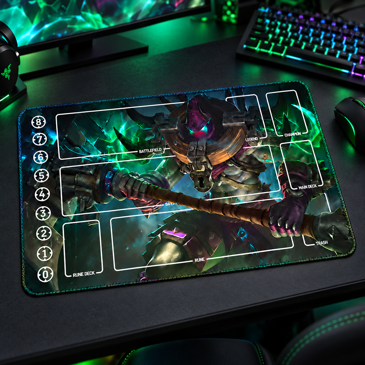 Executioner Jax Riftbound TCG playmat — angled RGB gaming-desk view; accessories are props