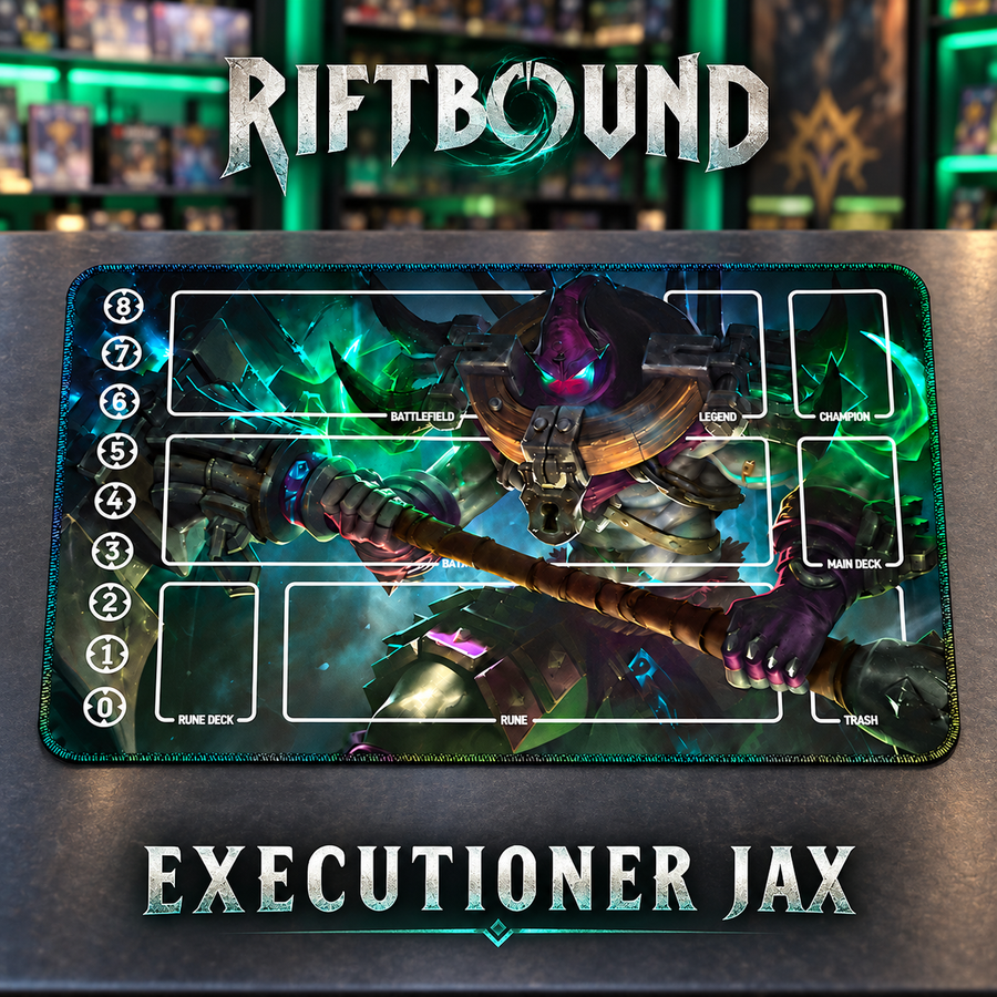 Executioner Jax Riftbound TCG playmat — themed hero with green card-store ambience