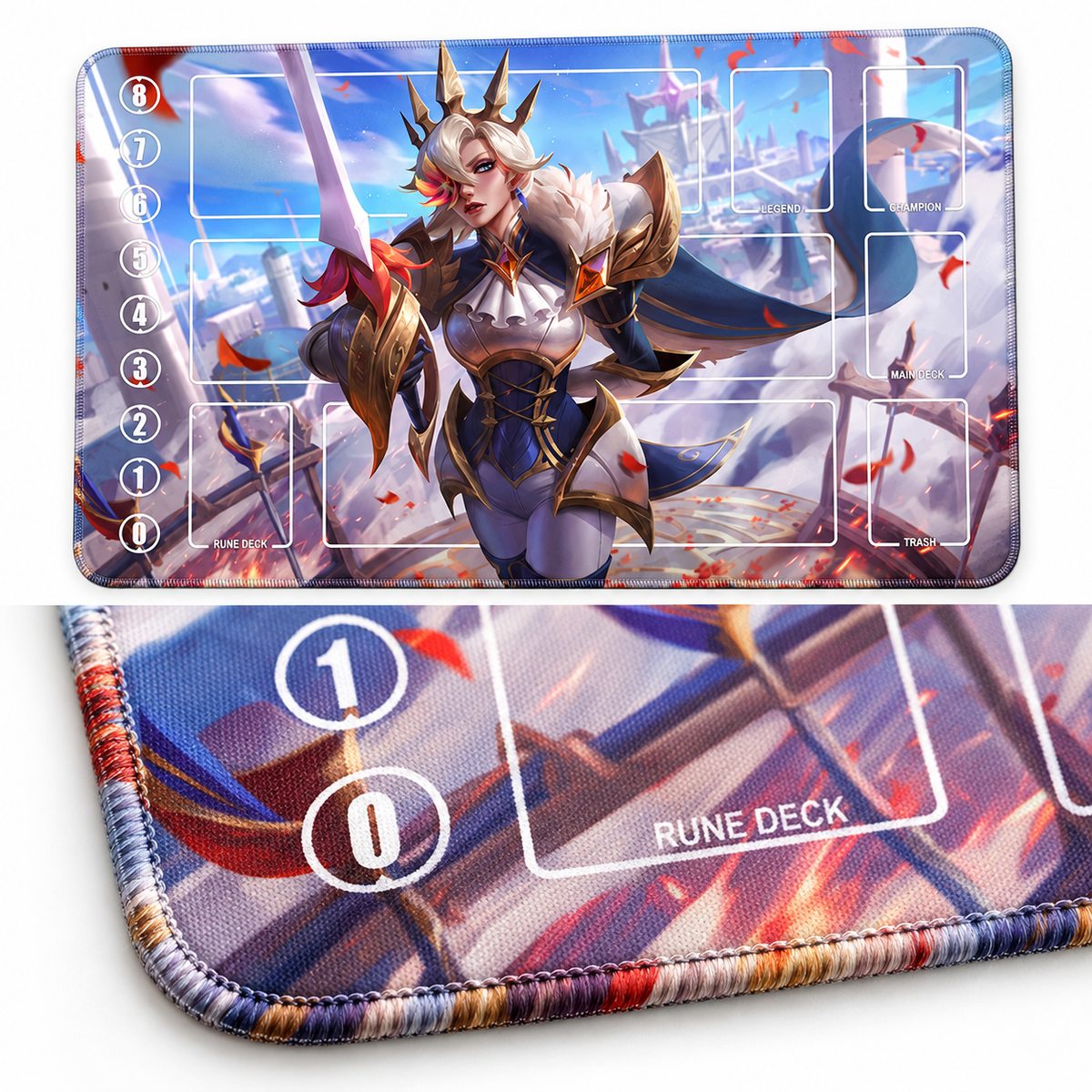 Fiora Riftbound playmat corner detail with artwork-colored stitches and supplied 1-to-0 track
