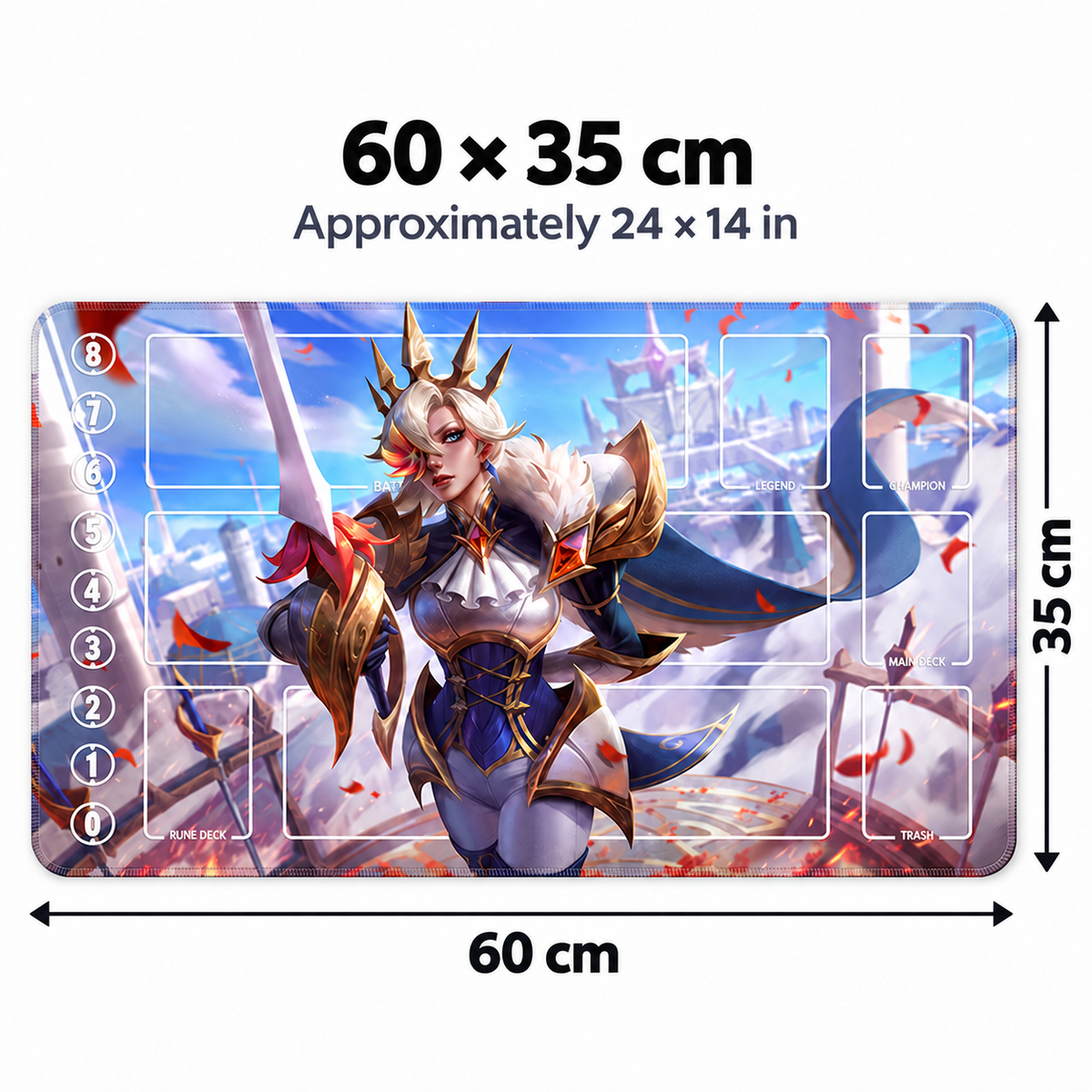 Fiora Riftbound playmat dimensions: 60 × 35 cm, approximately 24 × 14 inches
