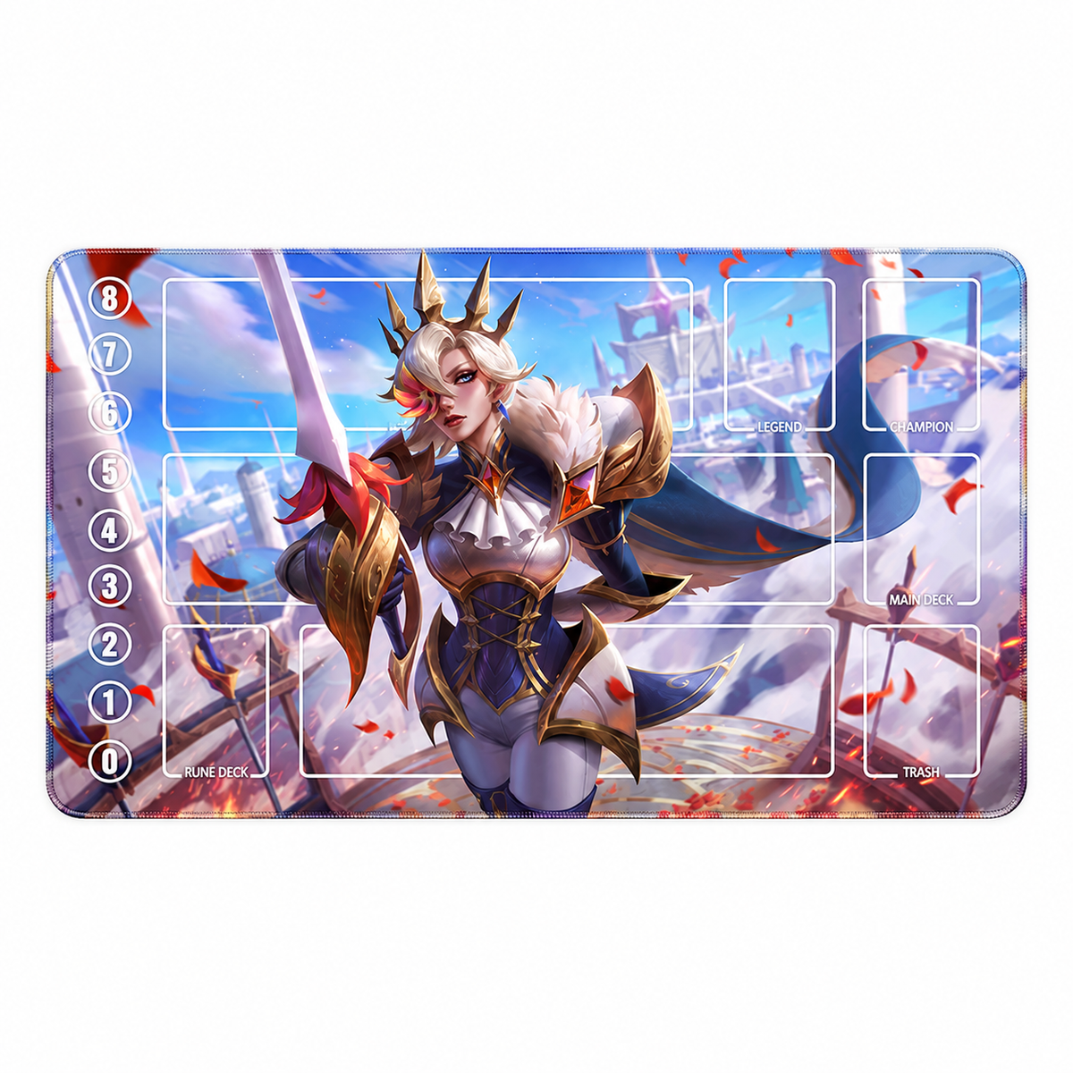 Fiora Golden Duelist Riftbound TCG playmat full view with supplied guides and descending track