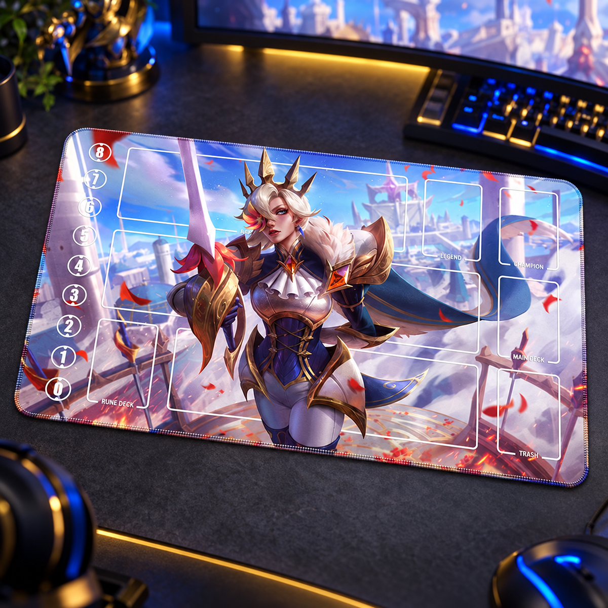 Fiora Golden Duelist Riftbound playmat on a dark gamer desk with blue and gold ambient lighting