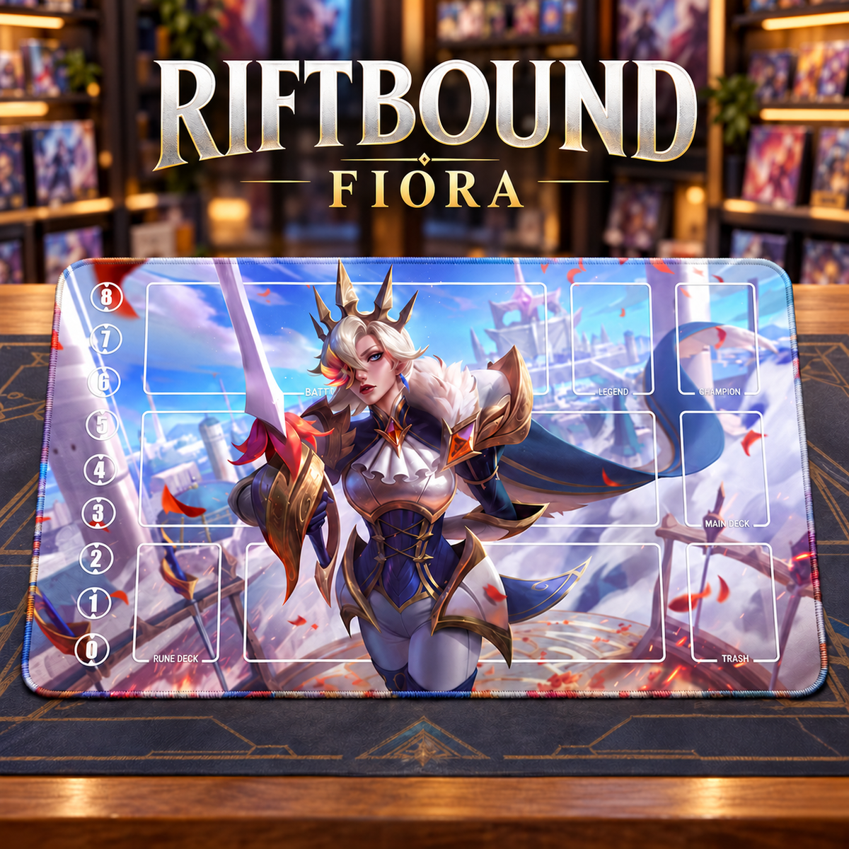 Fiora Golden Duelist Riftbound TCG playmat in a card-store setting