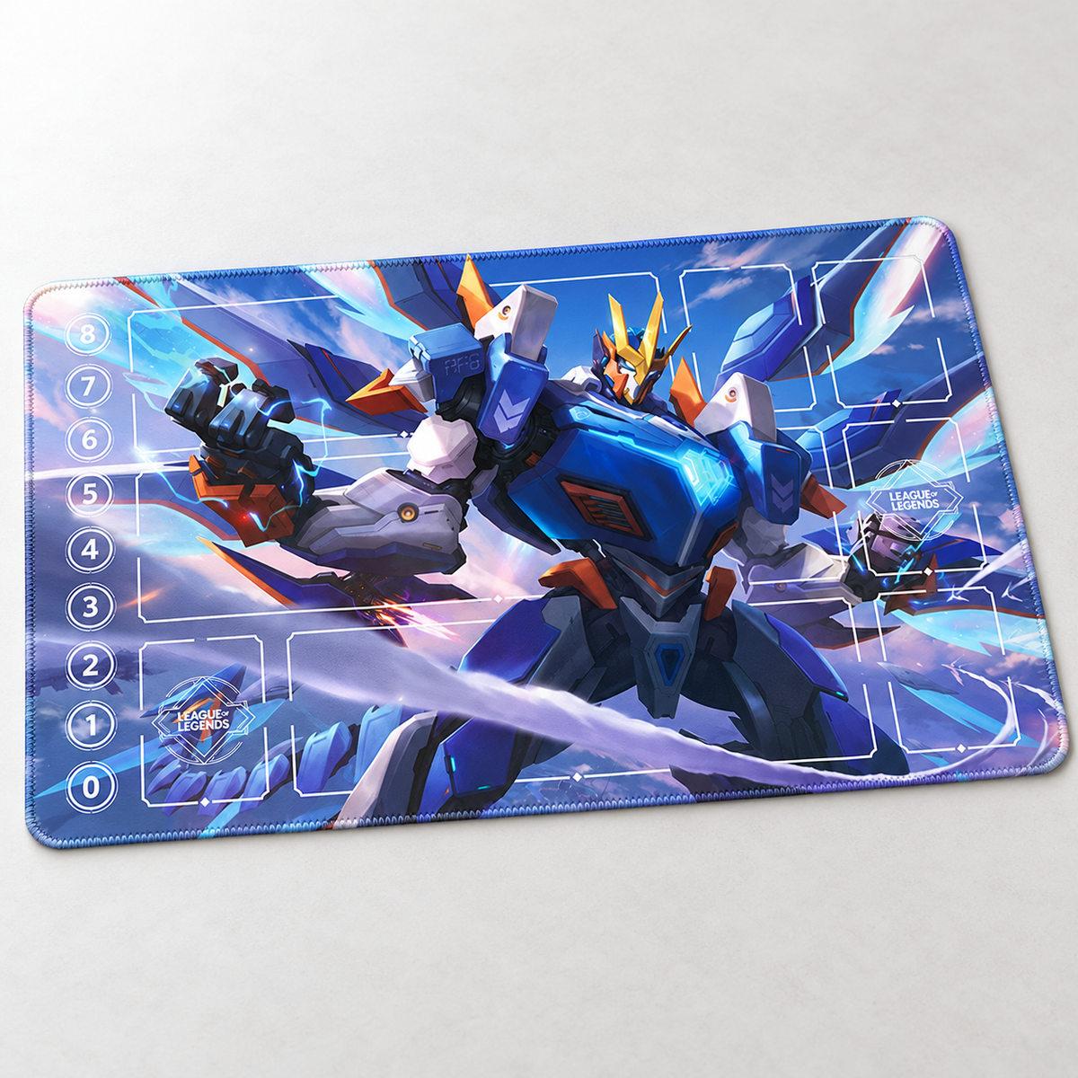 Galio Mecha Riftbound playmat angled view with artwork-matched stitched edges