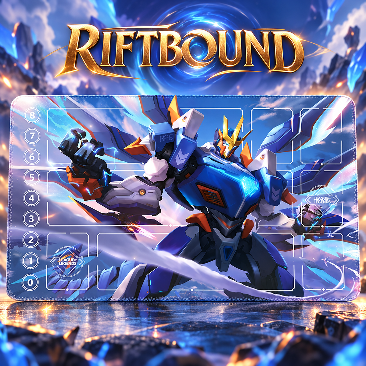 Galio Mecha Riftbound playmat hero with artwork-matched stitched edges