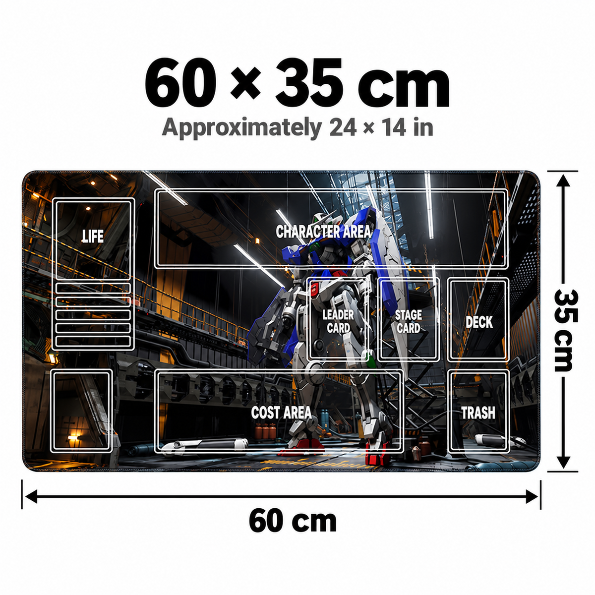 GN-001 Gundam Exia Hangar playmat dimensions 60 x 35 cm, approximately 24 x 14 inches