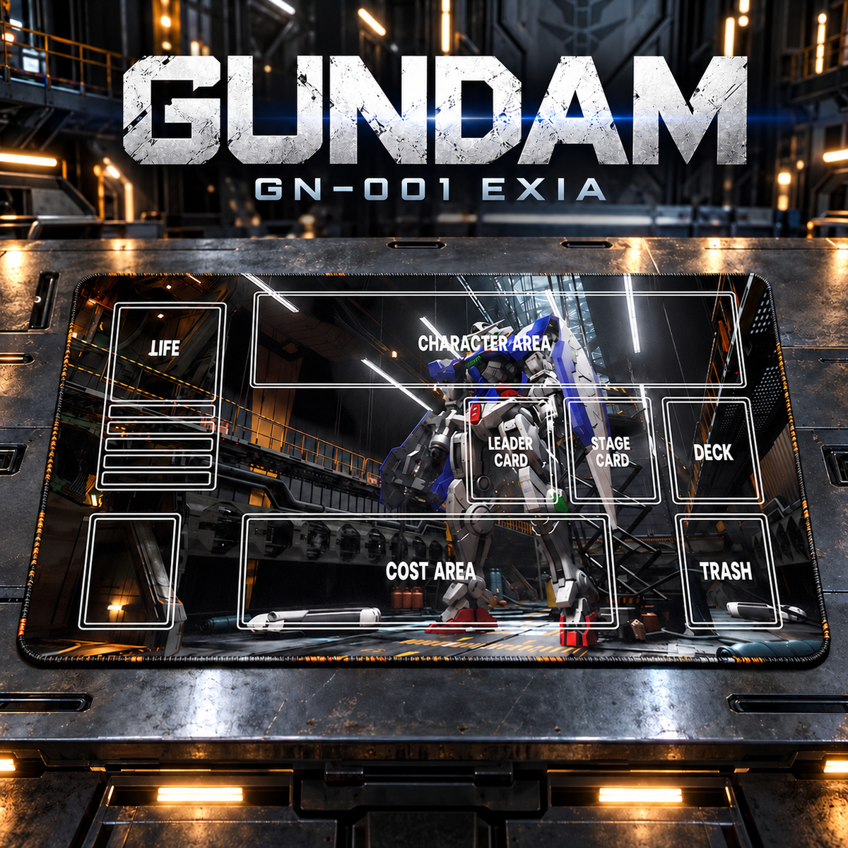 GN-001 Gundam Exia Hangar TCG playmat with supplied printed card guides