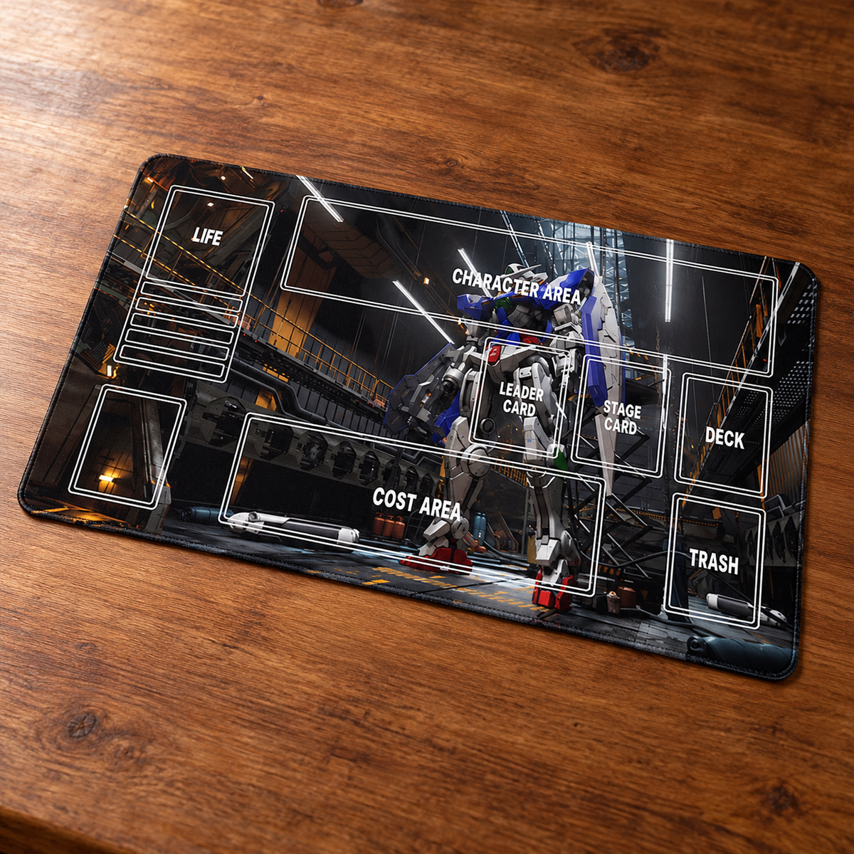 Angled tabletop view of GN-001 Gundam Exia Hangar TCG playmat