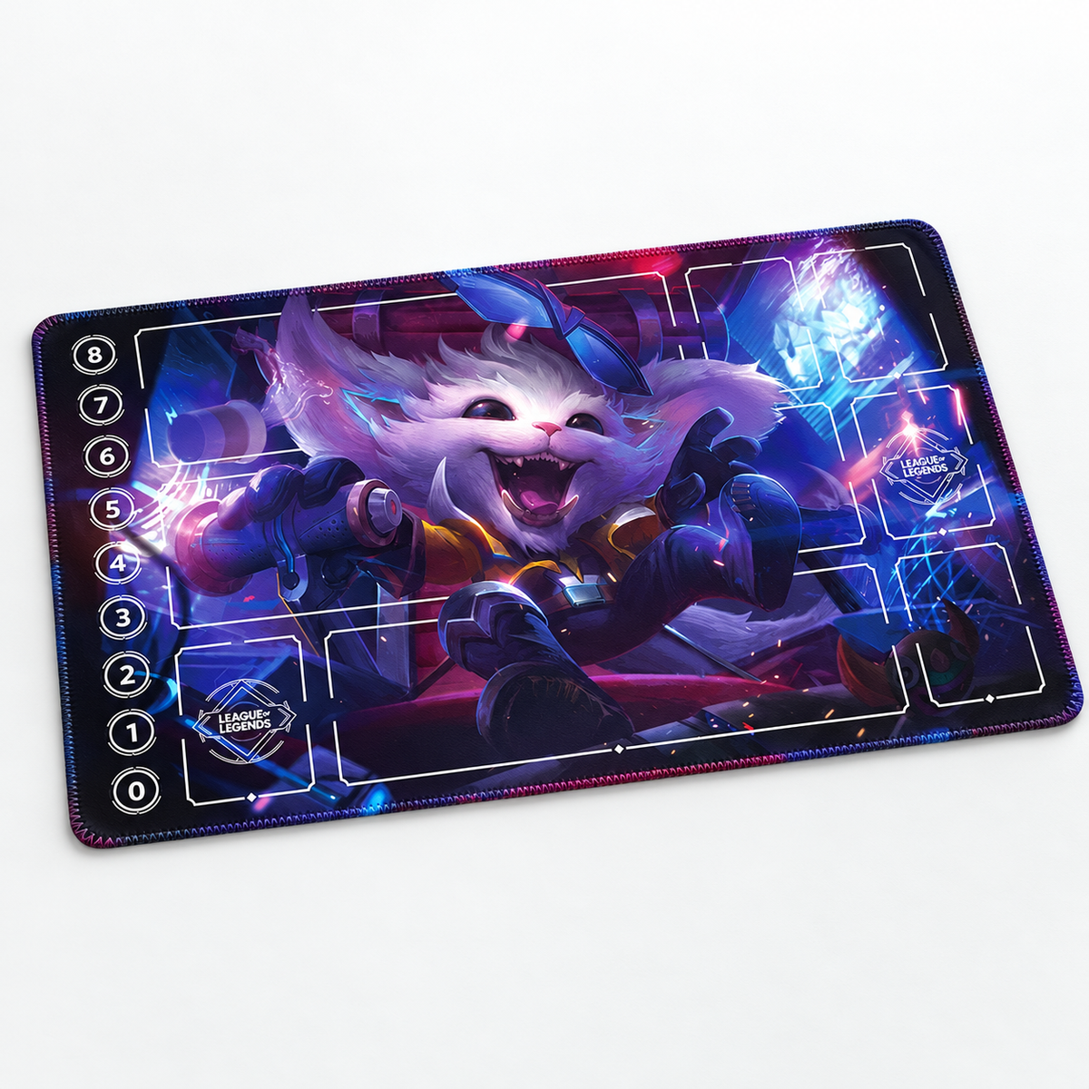 Gnar Riftbound playmat angled view with artwork-matched stitched edges