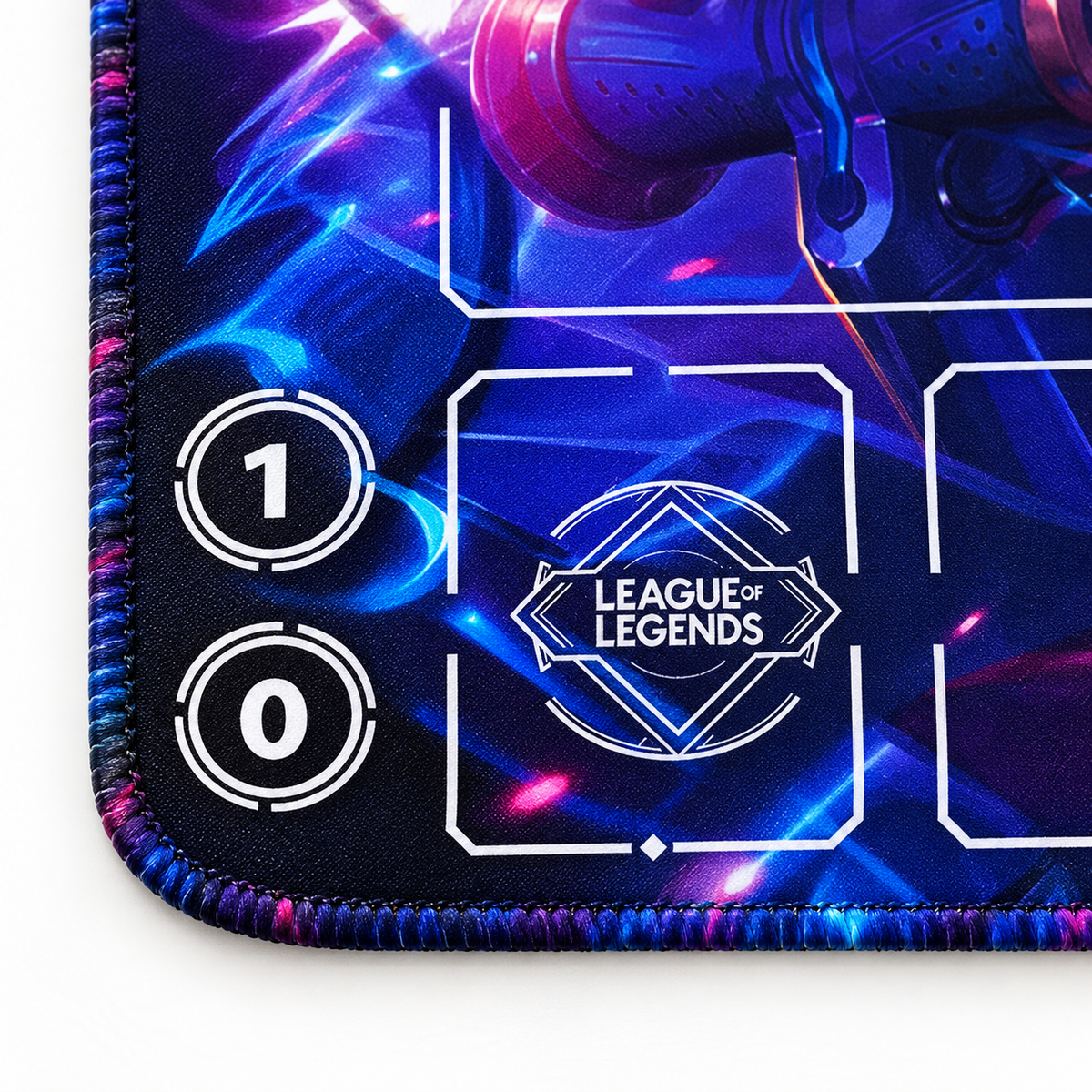 Gnar Riftbound playmat edge detail with artwork-matched stitched edges