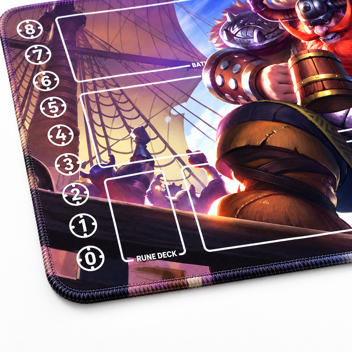 Gragas Riftbound playmat corner detail showing artwork-colored stitching