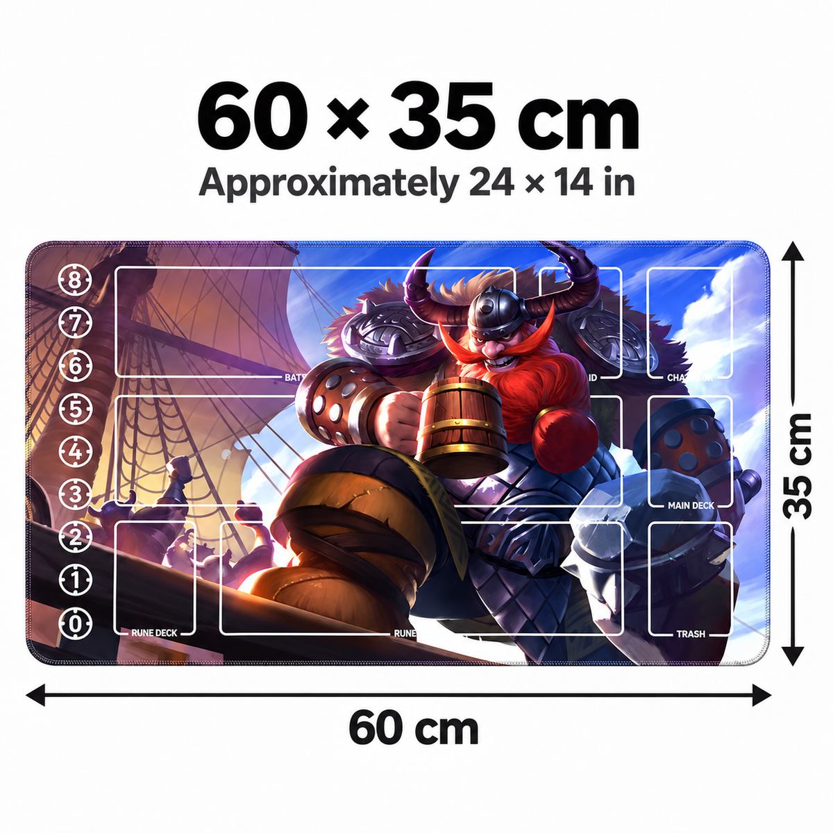 Gragas Riftbound playmat dimensions: 60 × 35 cm, approximately 24 × 14 inches